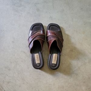 Vintage Brown Genuine Leather Open Toe Slip On Mules